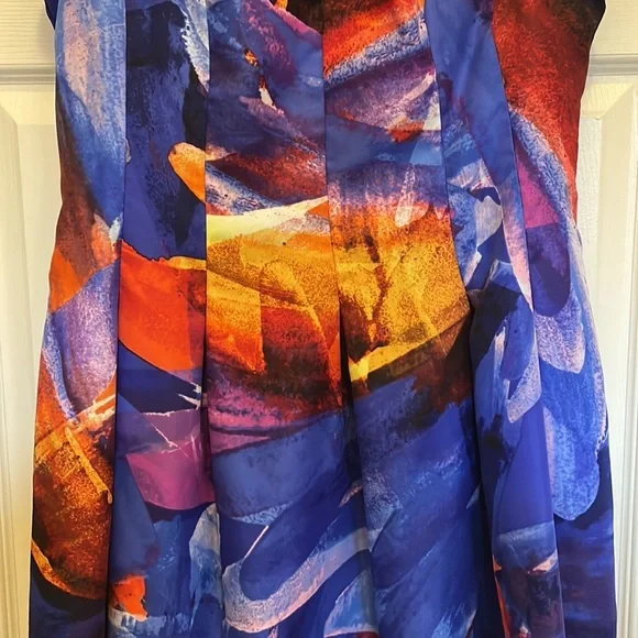 Size 10 Ellen Tracy A-Line Midi Print Dress (blue, purple, orange) - Picture 2 of 6